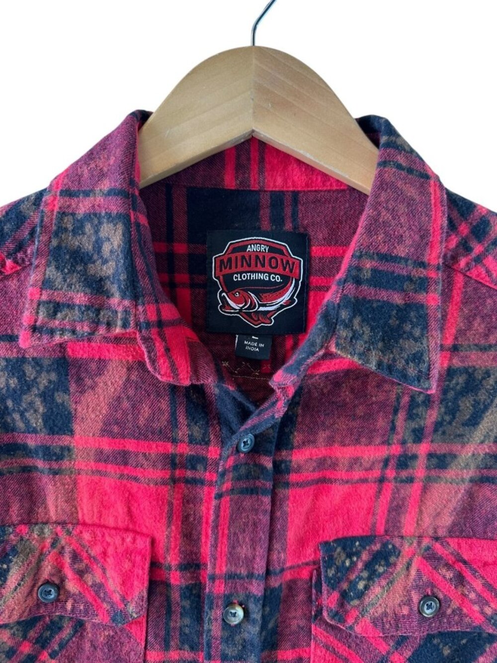 Angry Minnow Red Black Plaid Flannel Shirt Retro Back Patch Cotton Size L - Picture 4 of 6
